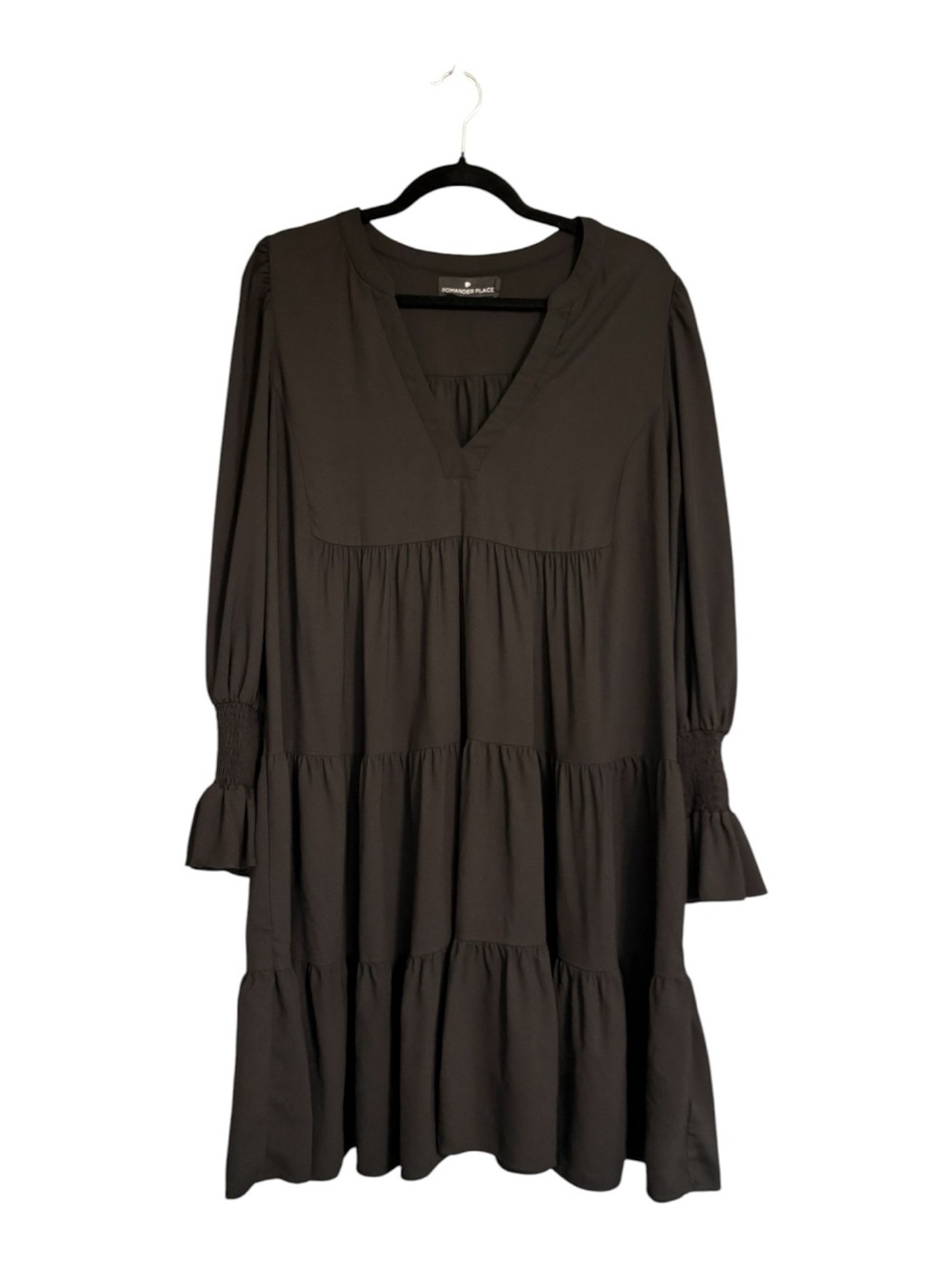 Pomander Place Black Tiered Babydoll Dress XL Smocked Bell Sleeve Mini Midi